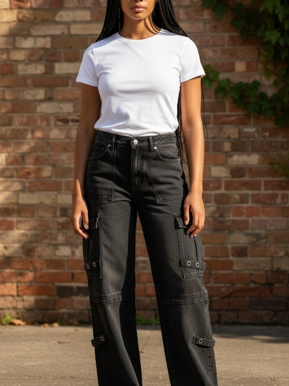 High-Rise Black Wide-Leg Cargo Jeans for Women